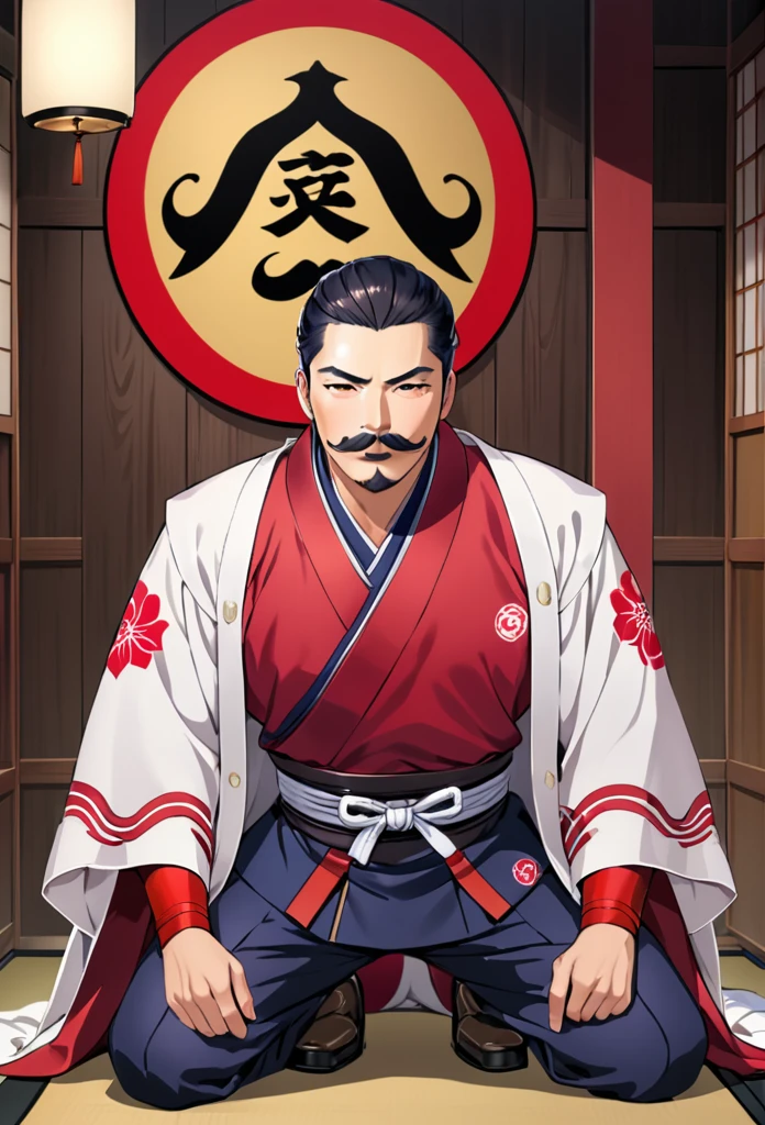 Japanese man with mustache，Kneel down，Daimyo，a man with mustache shogunate ，loyalty，obey，sacrifice，a man with mustache dedication，1man warrior with mustache