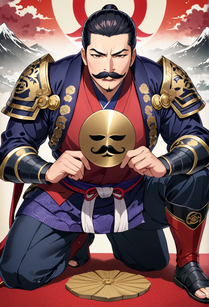Japanese man with mustache,Kneel down,Daimyo,a man with mustache shogunate ,loyalty,obey,sacrifice,a man with mustache dedication,1man warrior with mustache