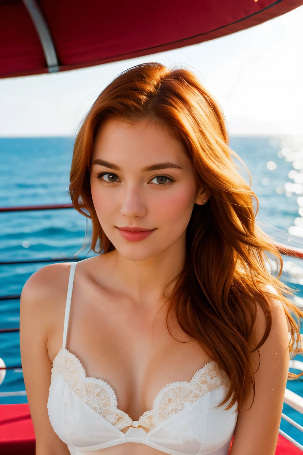 ((best quality)), ((masterpiece)), (detailed), 1girl, ginger hair, soaking up sun on red luxurious cruise ship