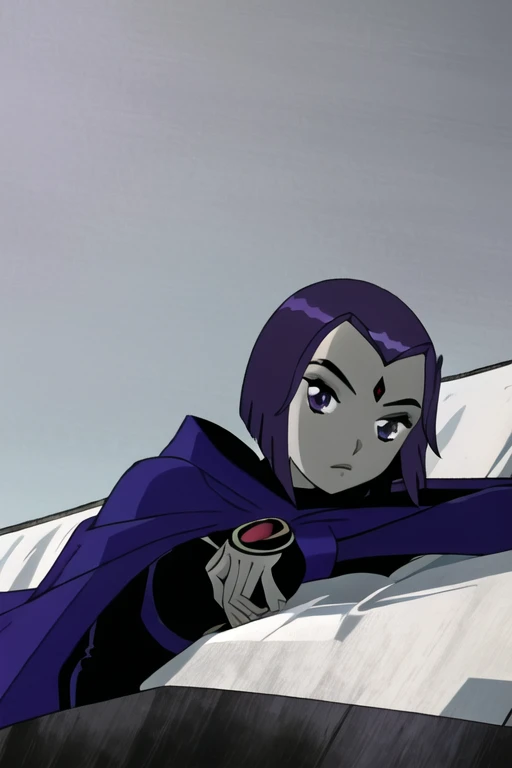 raven, 1girl, solo, purple eyes, purple hair, short hair, colored skin, forehead jewel, blue cape, blue cloak, best quality, masterpiece, lying down