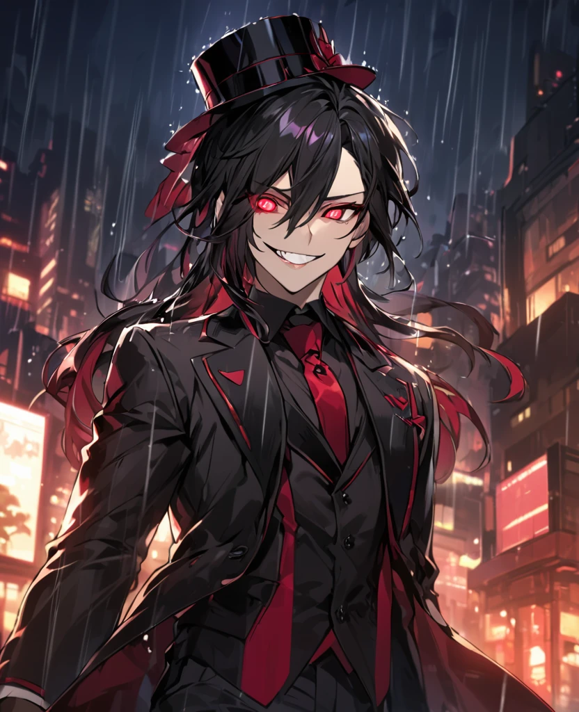  (black_hair), (deep_ruby_eyes), (detailed_eyes), (crazy_smile), (attractive), (night_city_background), (raining), (glowing_eyes), (male), (wearing _a_black_suit), (long_male_hair), (detailed_Hair), (detailed), (detailed_mouth), (Vertical_slit_pupils), wears a black top hat with a red ribbon edged trim,