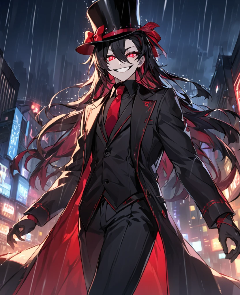  (black_hair), (deep_ruby_eyes), (detailed_eyes), (crazy_smile), (attractive), (night_city_background), (raining), (glowing_eyes), (male), (wearing _a_black_suit), (long_male_hair), (detailed_Hair), (detailed), (detailed_mouth), (Vertical_slit_pupils), wears a black top hat with a red ribbon edged trim,