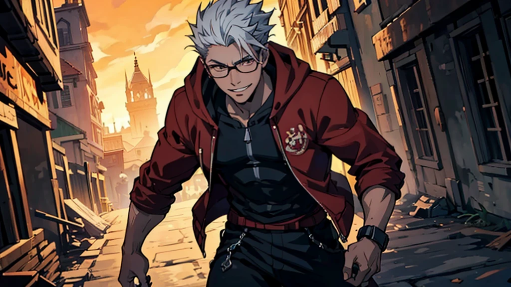 Perfect anatomy and highly detailed face, Delicate depiction of the eyes, Accurate drawing, Beautiful Hair, Detailed Background, Edgy, Depiction of a single male human in combat, The subject is only one man in his late 20s., Red hoodie and black pants, Warm, loose-fitting clothing, , A casual fashion style where you wrap your jacket around your waist, Tanned or deep brown skin, Her distinctive white or silver hair is tied in a short ponytail., He wears his distinctive trademark thick black-rimmed glasses., Modest earrings, Mafia with a cynical smile, A Villain with a Very Deep Wound, A sarcastic man with a malicious smile, A young man with narrowed eyes smiling, I have inner loneliness, Deep down, I feel like life is hard, Jealousy and envy towards successful people, The insight and resignation that come from hard work and failure, Perverse Desperation, Sword in a sheath, A mercenary with a scimitar on his belt, Wielder of a sheathed sabre, The scene of a large-scale indiscriminate terrorist attack, Burning and collapsing building,