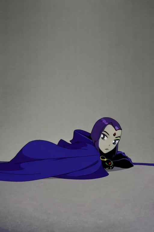 raven, 1girl, solo, purple eyes, purple hair, short hair, colored skin, forehead jewel, blue cape, blue cloak, best quality, masterpiece, lying down