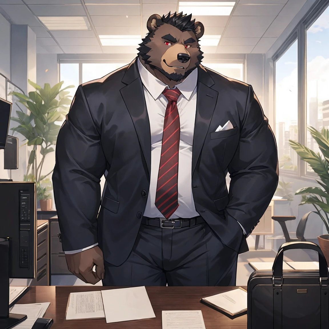 黑Bear兽人,entrepreneur,Boss of listed group ,Bear,height 188cm,Weight 160 kg,Thick black hair,Red eyes,Strong physique,Small belly,fat,Full of male hormones。He usually wears a suit and tie.,Wearing a tie,Carrying a briefcase,Showing a kind of upper-class human dress。office,desk,But deep down,He likes to keep his orcish nature.,Enjoy the original and instinctive。