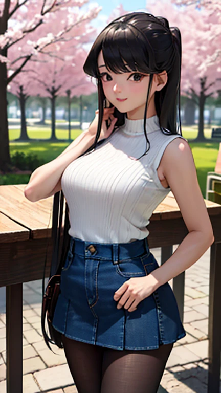 no matter what、Shiny long black hair, , (Beautiful black eyes、Sparkling eyes, Fine grain)、smile、Ultra-detailed eyes、Highly detailed face, Highly detailed eyes,Cowboy Shot、

(最high quality, Realistic), (Portraiture), (Vibrant colors), (Soft lighting), (Tabletop,High resolution,16K:1.2),
最high quality、Best image quality、masterpiece、high quality、Written boundary depth、movie、Visual Arts、Perfect art、8K,

, pantyhose, Cherry tree in full bloom,park lake , (((Denim mini skirt))), (((Sleeveless black ribbed knit))),, Are standing、Dynamic Pose, crowd