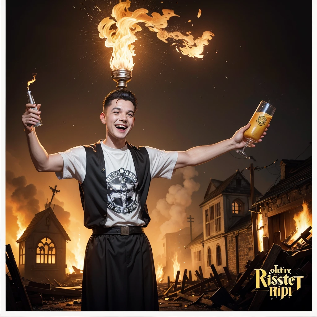a cheerful priest with a torch in one hand and a bottle of rum in the other, burning a church, 50s vintage graphic style, raster effects, die cut sticker, logo, vector graphic, t-shirt design, No background, white outline
