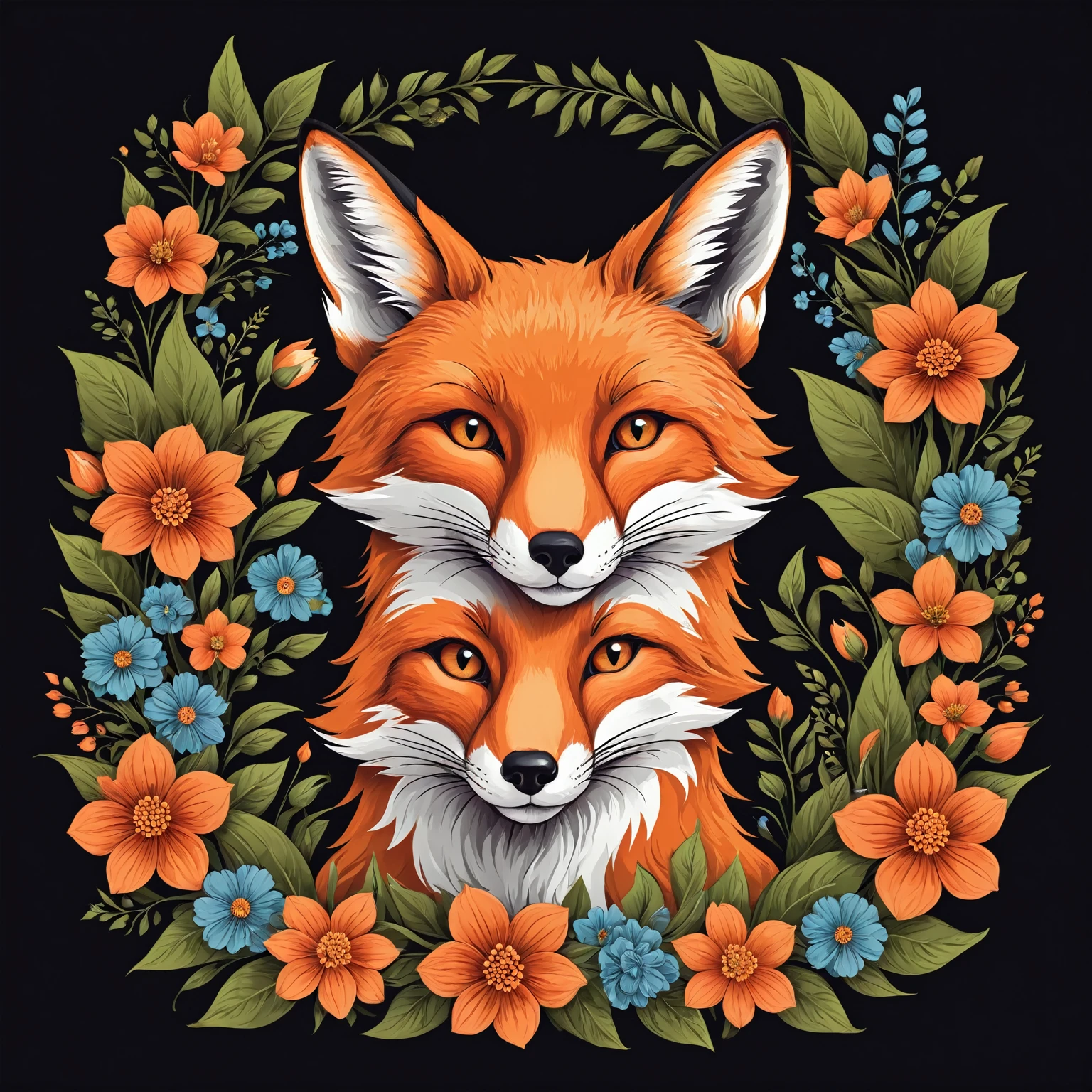 Fox head and flowers advertising poster style, t shirt design, flat-colors, vector, ((black backdrop)) . proffesional, moderno, Product focus, Commercial, appealing, highy detailed