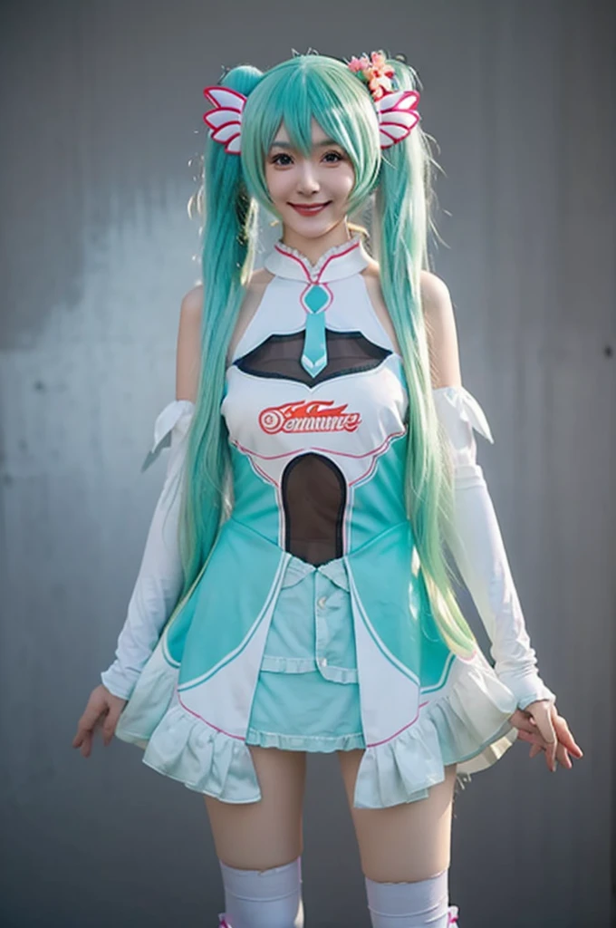 Highest quality, masterpiece, Realistic, photoRealistic, One girl, alone, View your viewers, smile, Are standing, Cowboy Shot, hatsune miku Cosplay costume, Cosplay, racing Miku, hatsune miku, Twin tails, Very long hair, Aqua Hair, hair ornaments, dress, No sleeve, Bare shoulders, Removable sleeves, Knee socks, Gray background, Showing genitals、(((nsfw)))
