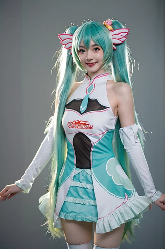 Highest quality, masterpiece, Realistic, photoRealistic, One girl, alone, View your viewers, smile, Are standing, Cowboy Shot, hatsune miku Cosplay costume, Cosplay, racing Miku, hatsune miku, Twin tails, Very long hair, Aqua Hair, hair ornaments, dress, No sleeve, Bare shoulders, Removable sleeves, Knee socks, Gray background, Showing genitals、(((nsfw)))