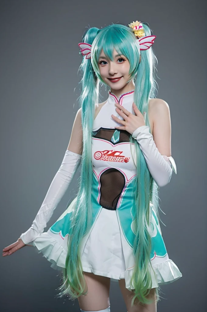 Highest quality, masterpiece, Realistic, photoRealistic, One girl, alone, View your viewers, smile, Are standing, Cowboy Shot, hatsune miku Cosplay costume, Cosplay, racing Miku, hatsune miku, Twin tails, Very long hair, Aqua Hair, hair ornaments, dress, No sleeve, Bare shoulders, Removable sleeves, Knee socks, Gray background, Showing genitals、(((nsfw)))
