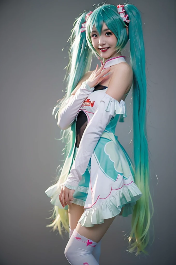 Highest quality, masterpiece, Realistic, photoRealistic, One girl, alone, View your viewers, smile, Are standing, Cowboy Shot, hatsune miku Cosplay costume, Cosplay, racing Miku, hatsune miku, Twin tails, Very long hair, Aqua Hair, hair ornaments, dress, No sleeve, Bare shoulders, Removable sleeves, Knee socks, Gray background, Showing genitals、(((nsfw)))