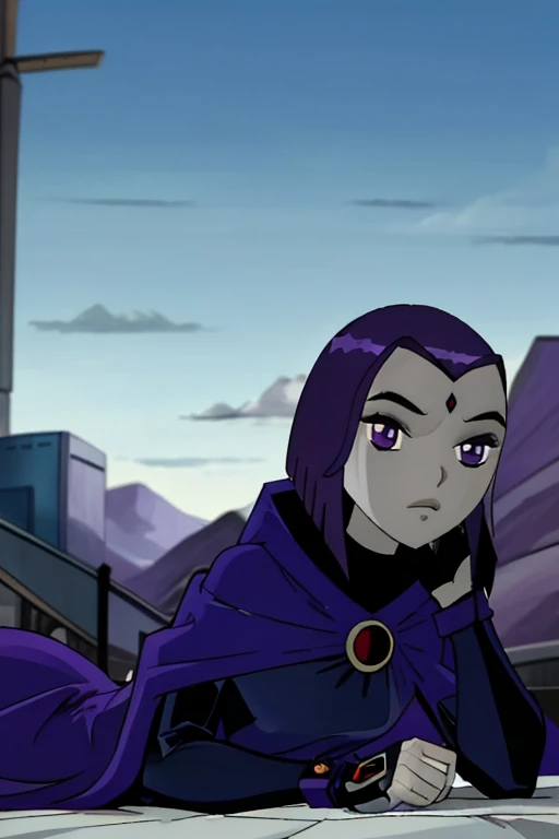raven, 1girl, solo, purple eyes, purple hair, short hair, colored skin, forehead jewel, blue cape, blue cloak, best quality, masterpiece, lying down