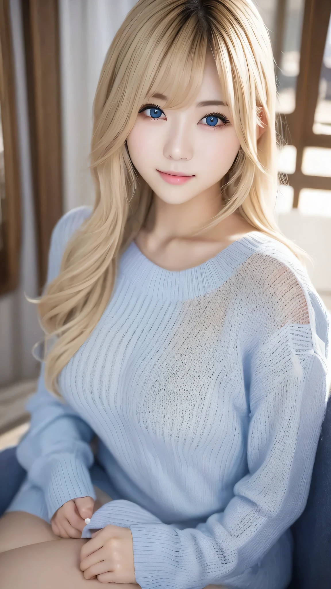 1 Girl、((Virgin Killer Sweater))、blue sky、Bright and very beautiful face、young, Shiny white skin、Best Looks、Blonde hair reflecting the dazzling light、Beautiful shiny glossy blonde hair and super long silky straight hair、Long bangs、Extremely beautiful 20 years old、Large, clear, light blue eyes、beautiful、adorable、Beautiful girls