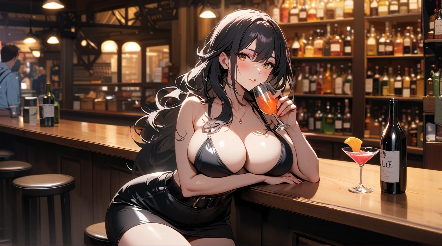 (Wife&#39;s sad expression),Mature sexy woman,Delicate face,Sit at the bar and have a drink，Careful expression，Black skirt， (Black Hair),(Eyes with large blue irises,,(Large Breasts),Big Ass,(5 feet tall)), Pop music (masterpiece, best quality:1.1),Detailed hands,Pop musicart style,