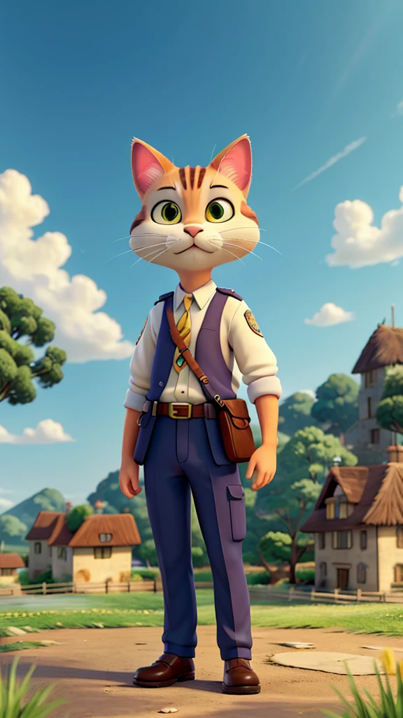 Prompt: Anthropomorphic cat police officer in Ghibli style, detailed uniform, standing in a serene, picturesque village, soft lighting, vibrant colors, fantasy realism blend