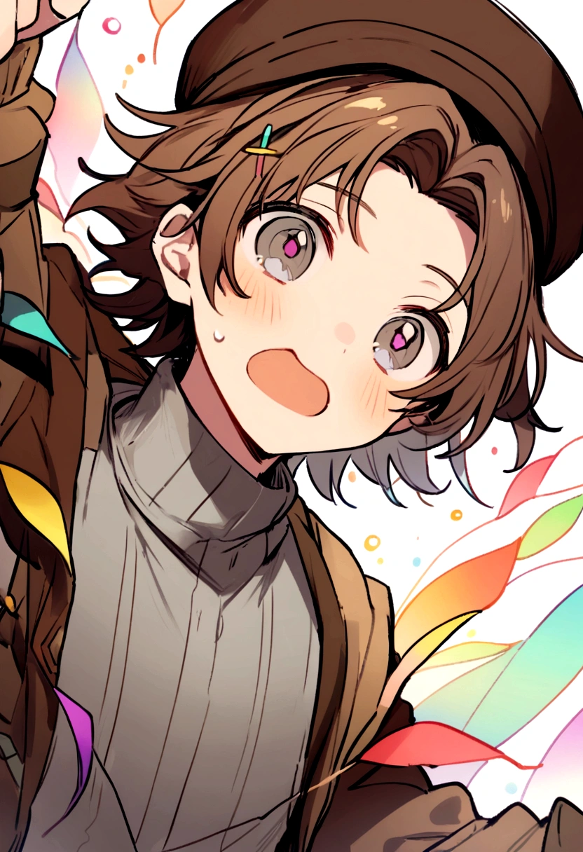 a male childish anime boy with black and brown stripped hair colors, his bang is covered his forehead and he has a messy styled hair, and there's normal and star shaped hairpin on his hair he wears white and brown colored hat and on his hat there's a rainbow feather plugged in, he has grey colered eyes with some stars mark on his eyes he has sweet face and cute mouth