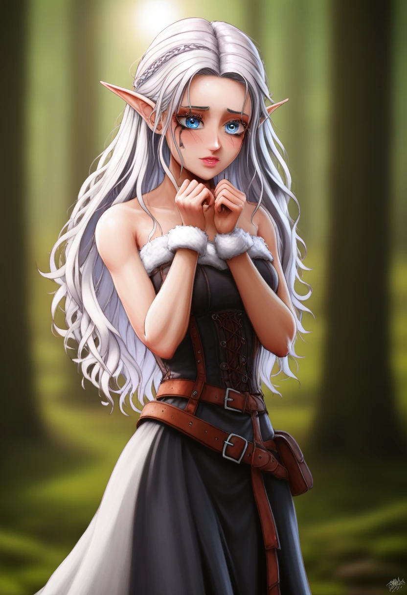 masterpiece, best quality, extremely detailed 8K wallpaper, 1girl, outdoors, Helena(Azur lane),strapless dress, dress, layered dress, it looks even more beautiful than immortal, colored contact lenses, blush, high detail, anime, romanticism, modern, gothic art, anime style, film lighting, ray tracing, motion rye, close-up, sony fe gm, uhd, high detail, top quality, 8k, clean fingers, well-formed fingers, mdnn, (sharp focus:1.2), portrait, attractive young woman, (beautiful face:1.1), detailed eyes, luscious lips, (eye makeup:1.2), (tight body:1.2). (morning sun lighting:1.2), depth of field, bokeh, 4K, HDR. by (James C. Christensen:1.2|Jeremy Lipking:1.1) a small gnome girl with pale skin, very long wavy silver hair covering one eye, bright blue anime-style eyes with long lashes, wearing a corset, white puffy long sleeved shirt, and puffy cloth pants, leather bound boots, set in a windy fantasy landscape, (best quality, 4k, 8k, highres, masterpiece :1.2),ultra-detailed,dungeons and dragons, long elf ears, detailed skin and cloth textures, cute detailed face, intricate details, extremely detailed, 1girl, dynamic pose with hair covering one eye, shy personality, puffy cloth pants with leather belt, detailed privateer outfit, detailed buccaneer outfit, pouch on belt, wearing ornate leather armor with fur trim, silver inlay detail, wearing fur trimmed boots, wearing fur trimmed gloves, short, short height, halfing girl, small girl, very long detailed flowing hair, big head, big round eyes, windy, wind blown hair, wirey muscles, fighter, dynamic angle, kineticist, pathfinder, pathfinder kineticist, wind kineticist, pouty lips