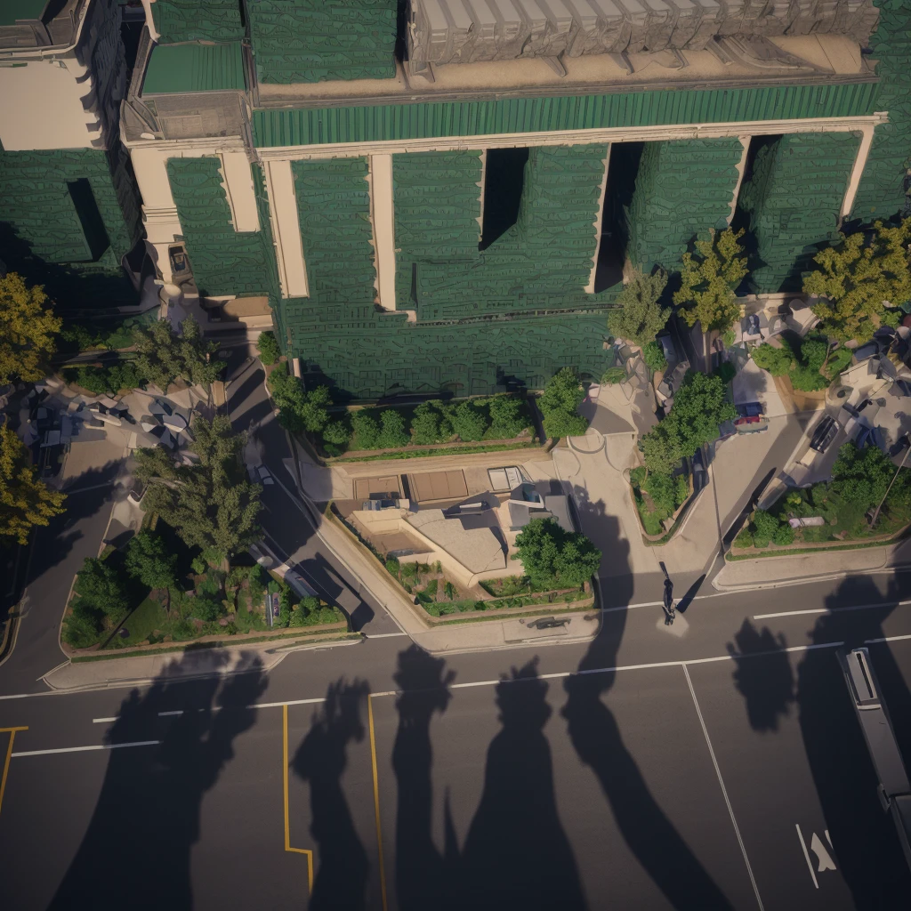 masterpiece, best quality, (extremely detailed CG unity 8k wallpaper), (best quality), (best illustration), (best shadow), absurdres, realistic lighting, street near a building. Green areas, trees