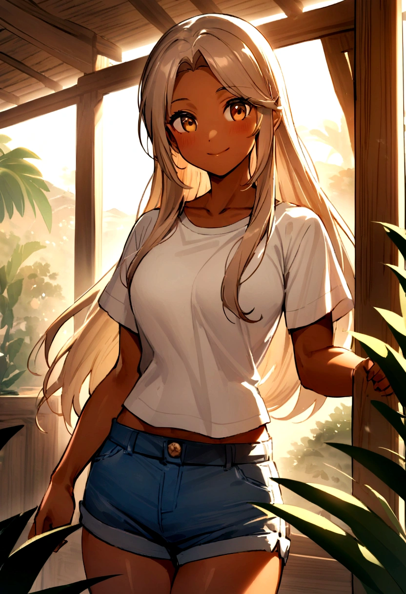 Create an image of a 29-year-old Asian-Hispanic-Filipina woman named Belinda Anzures Durante. She has a slender and physique with tanned, brown skin and a flat nose. Belinda has long, thick, waist-length hair and is captured in a candid, medium body shot. She is smiling innocently, wearing a casual t-shirt and shorts. The setting is outside a traditional bamboo home in a Philippine province during the afternoon golden hour. The image should feature a bokeh effect with a 2.8 aperture depth of field, highlighting rich details in her face and hair.