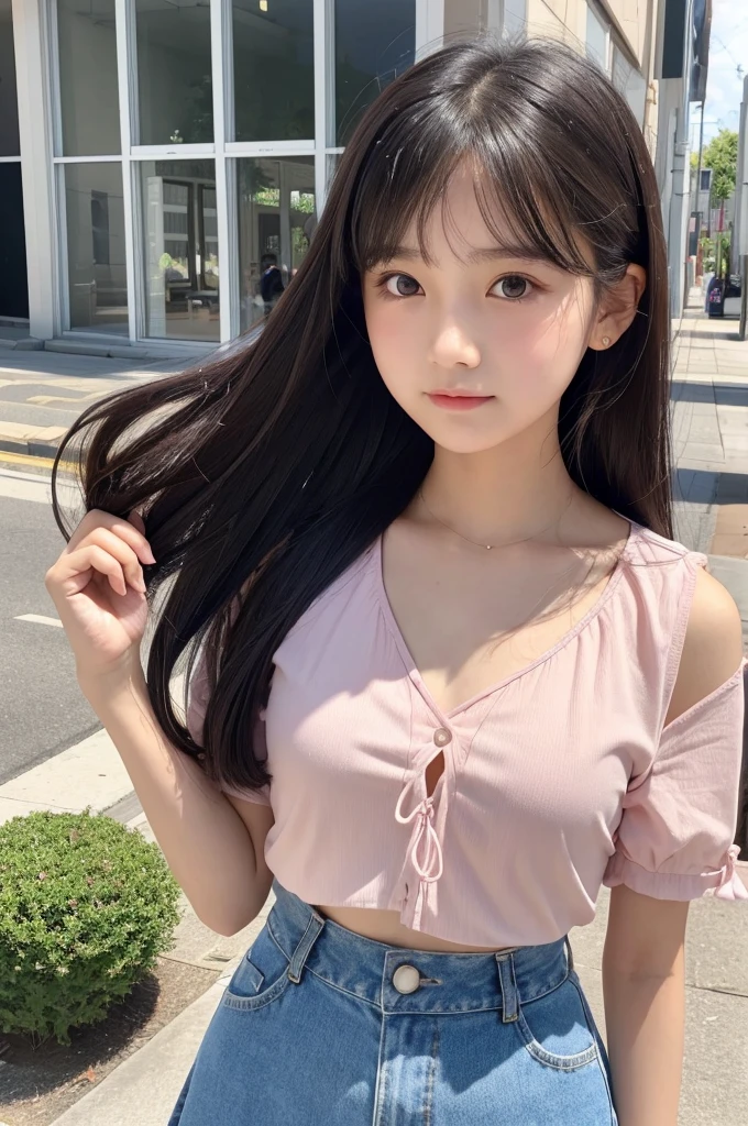 Light pink blouse,Flared mini skirt,15 years old,high school girl,Black Hair,bangs,Straight Hair,ponytail,Dark Eyes,Small Face,Young face,Clean eyes,Small Mouth,slender,Young face,,A Cup,In town,live-action,Realistic photos,8K,Happy face,Ultra HD,Standing posture,whole body,Pure girl,Flat chest,Flat chest,Flat chest,Flat chest,Flat chest,Animal Pouch,