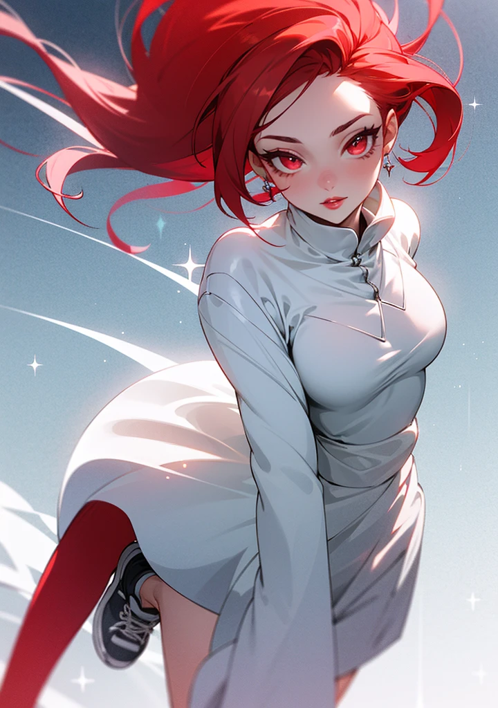 A woman wearing a long diamond-like sparkling white dress with silver-colored sneakers, a pale face, bright red eyes, bright ruby-like red hair, and pale red lips. 