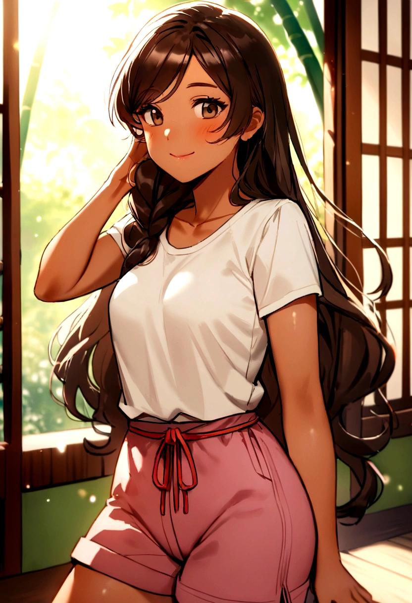 Generate a photographic-quality image of Belinda Anzures Durante, a 29-year-old woman with Asian-Hispanic-Filipina heritage. She should appear with dark, tanned skin and long, thick hair that reaches her waist. Belinda is in a relaxed, candid pose outside of a bamboo house typical of the Philippine provinces. She's dressed in a simple t-shirt and shorts, enjoying the golden hour of the afternoon. The photo should focus on her smiling face with a bokeh background, utilizing a 2.8 aperture for depth of field.