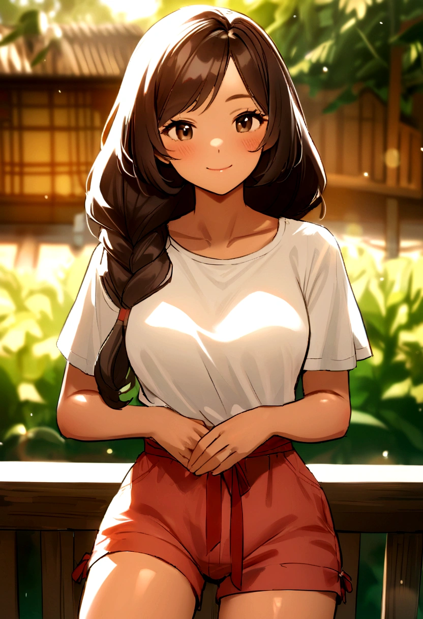 Generate a photographic-quality image of Belinda Anzures Durante, a 29-year-old woman with Asian-Hispanic-Filipina heritage. She should appear with dark, tanned skin and long, thick hair that reaches her waist. Belinda is in a relaxed, candid pose outside of a bamboo house typical of the Philippine provinces. She's dressed in a simple t-shirt and shorts, enjoying the golden hour of the afternoon. The photo should focus on her smiling face with a bokeh background, utilizing a 2.8 aperture for depth of field.