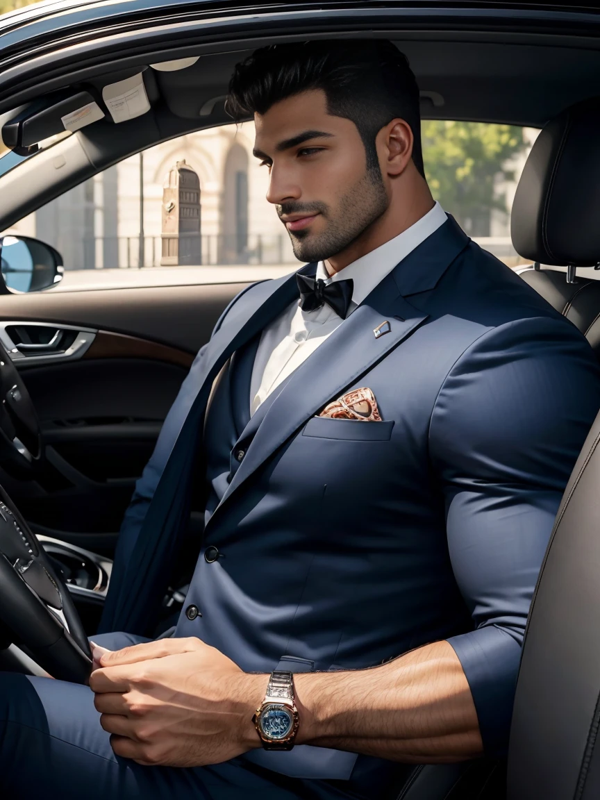 8K,8K resolution,2 Muscular Europeans, handsome man,charming eyes,dark skin,beautiful, smooth and shiny,Full muscles,Thick body hair, (wearing a stylish suit),big bag highlights,Excellent j8,emphasize,Driving a luxury convertible,The car is full of roses,Two men smiling happily,professional lighting,Professional photography,Realistic photos,realistic model,realistic art,Perfect hand details