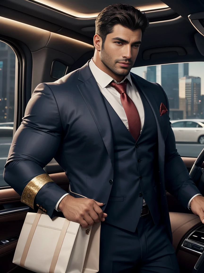 8K，8K resolution，2 Muscular Europeans, handsome man，charming eyes，dark skin,beautiful, smooth and shiny，Full muscles，Thick body hair， (wearing a stylish suit)，big bag highlights，Excellent j8，emphasize，Driving a luxury convertible，The car is full of roses，Two men smiling happily，professional lighting，Professional photography，Realistic photos，realistic model，realistic art，Perfect hand details