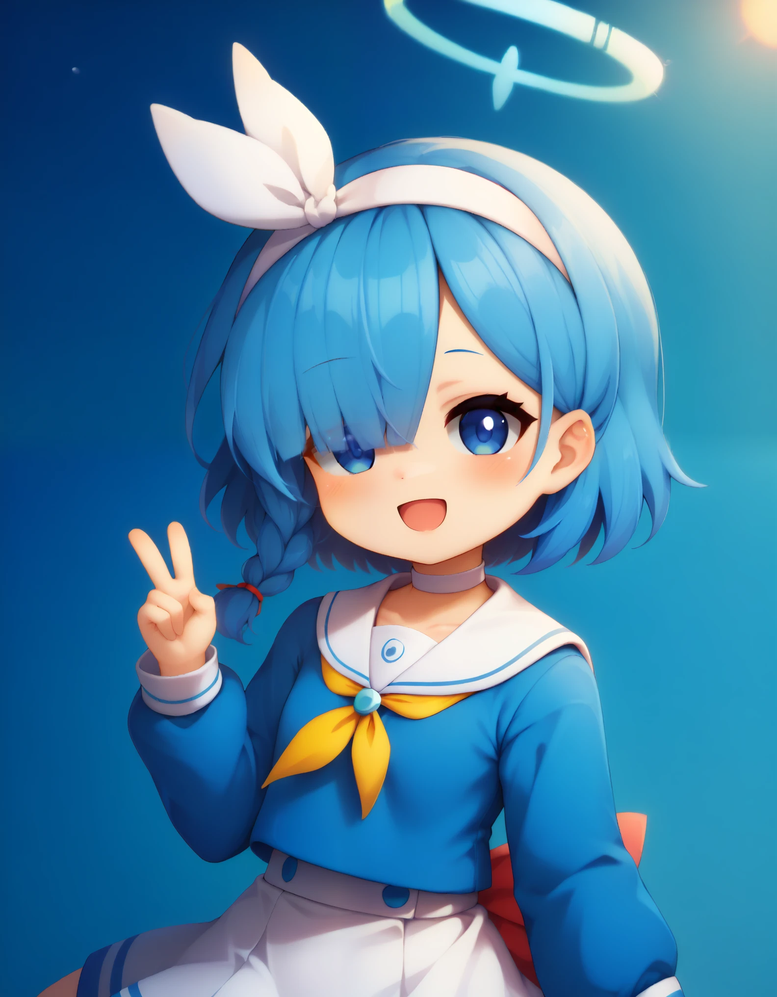 score_9, score_8_up, score_7_up, uncensored, source_anime
BREAK
arona \(blue archive\),, Felt world,felt style,Felt-World\(style\),, 1girl, :d, blue eyes, blue hair, blue shirt, braid, choker, hair over one eye, hairband, halo, long sleeves, looking at viewer, open mouth, sailor collar, shirt, short hair, single braid, skirt, smile, solo, white choker, white hairband, white sailor collar, white skirt
