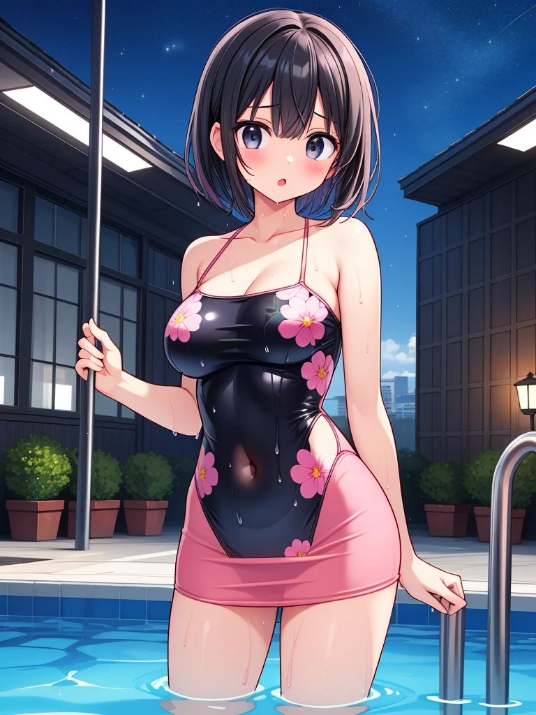 (masterpiece), best quality, (16k), expressive eyes, perfect face, BREAK, office lady, 1 girl, solo, large , navel, BREAK, ((pink floral print tube top swimsuit)), ((wet pink solid pencil mini skirt)), BREAK,  arms,  legs, shiny skin, wet body, BREAK, black hair, very short hair, wet hair, black eyes, BREAK, outdoors, in the pool, wading, night sky, standing, sad, :o, (cowboy shot), (from front), BREAK,