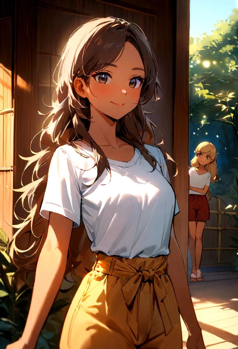 Design an image capturing Belinda Anzures Durante, a 29-year-old slender and woman of Asian-Hispanic-Filipina descent. She features tanned skin and a flat nose, with long, thick hair styled down to her waist. Belinda is depicted in a medium body shot outside a bamboo home, dressed in a t-shirt and shorts, embodying a youthful, innocent smile. The time is the golden hour of a Philippine afternoon. The image should be high-detail, especially focusing on her facial expressions and hair, with a bokeh effect achieved through a 2.8 aperture depth of field.