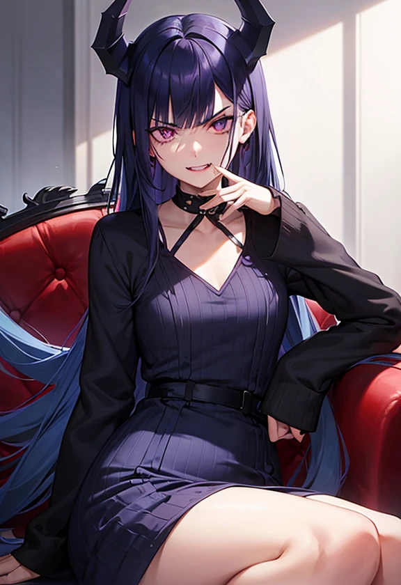 Navy blue hair boy, purple nails, dress, dark eyes, dragon tattoo that crosses the face, normal teeth but sharp fangs and a downward glance of contempt.
