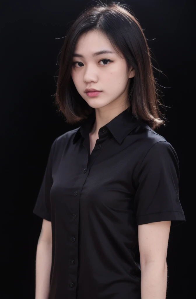20 years old woman, (photorealistic:1.4, realistic), highly detailed CG unified 8K wallpapers, 1girl, (((thick body:0.8))), looking at viewer, (HQ skin:1.4), 8k uhd, dslr, soft lighting, high quality, film grain, Fujifilm XT3, ((upper body shot:1.2)), (((black silk collared shirt))), ((simple background, black background)),