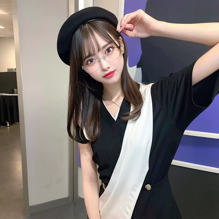 whole body (8K, RAW Photos, Highest quality, masterpiece:1.2), (Realistic, photo-Realistic:1.37),(Sharp focus:1.2), Professional Lighting, Photon Mapping, Radio City, Physically Based Rendering, (Pale skin:1.2),(Small breasts:1.2), View your viewers, (Mid-length hair:1.5), Portraiture, Purple eyes, (Silver Hair:1.1),bangs, (Simple Background:1.4), alone, Upper Body, Realistic,(masterpiece:1.4),(Highest quality:1.4),(Shiny skin),Fashionable Girl,compensate,smile(skinny,Mouth closed,shy :1.3) ,(Are standing,Black stewardess uniform,Necromancer:1.1),Wearing glasses with thin frames,necklace,hatを被っている,hat,バケットhat,Selfie,鏡に向かってSelfie,selfy,鏡の前でSelfie,