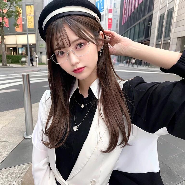 whole body (8K, RAW Photos, Highest quality, masterpiece:1.2), (Realistic, photo-Realistic:1.37),(Sharp focus:1.2), Professional Lighting, Photon Mapping, Radio City, Physically Based Rendering, (Pale skin:1.2),(Small breasts:1.2), View your viewers, (Mid-length hair:1.5), Portraiture, Purple eyes, (Silver Hair:1.1),bangs, (Simple Background:1.4), alone, Upper Body, Realistic,(masterpiece:1.4),(Highest quality:1.4),(Shiny skin),Fashionable Girl,compensate,smile(skinny,Mouth closed,shy :1.3) ,(Are standing,Black stewardess uniform,Necromancer:1.1),Wearing glasses with thin frames,necklace,hatを被っている,hat,バケットhat,Selfie,鏡に向かってSelfie,selfy,鏡の前でSelfie,