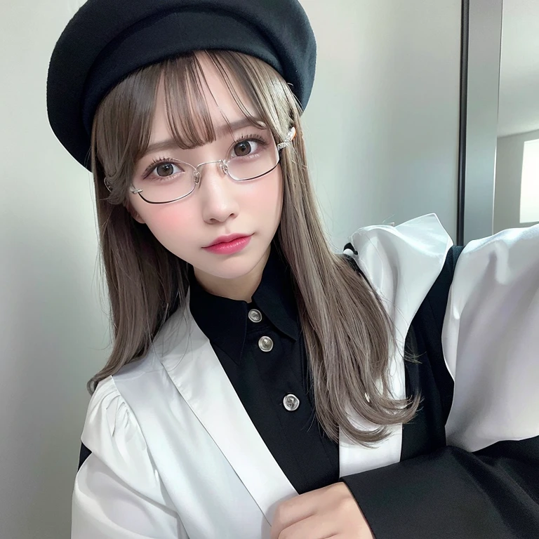 whole body (8K, RAW Photos, Highest quality, masterpiece:1.2), (Realistic, photo-Realistic:1.37),(Sharp focus:1.2), Professional Lighting, Photon Mapping, Radio City, Physically Based Rendering, (Pale skin:1.2),(Small breasts:1.2), View your viewers, (Mid-length hair:1.5), Portraiture, Purple eyes, (Silver Hair:1.1),bangs, (Simple Background:1.4), alone, Upper Body, Realistic,(masterpiece:1.4),(Highest quality:1.4),(Shiny skin),Fashionable Girl,compensate,smile(skinny,Mouth closed,shy :1.3) ,(Are standing,Black stewardess uniform,Necromancer:1.1),Wearing glasses with thin frames,necklace,hatを被っている,hat,バケットhat,Selfie,鏡に向かってSelfie,selfy,鏡の前でSelfie,