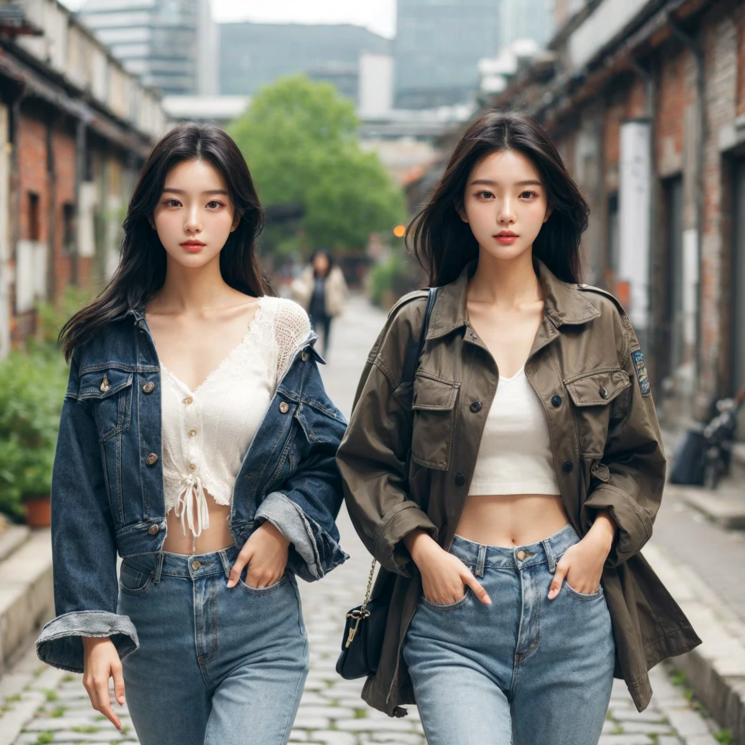 Beautiful young Korean female walking confidently down a cobblestone street in casual, stylish outfits with jackets, shirts, and jeans, medium chest. The backdrop is a vintage urban setting with buildings and greenery, blending modern style with a cool urban vibe.