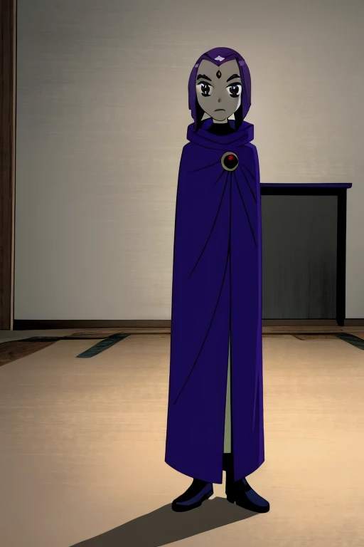raven, 1girl, solo, purple eyes, purple hair, short hair, colored skin, forehead jewel, blue cape, blue cloak, best quality, masterpiece, bedroom, standing