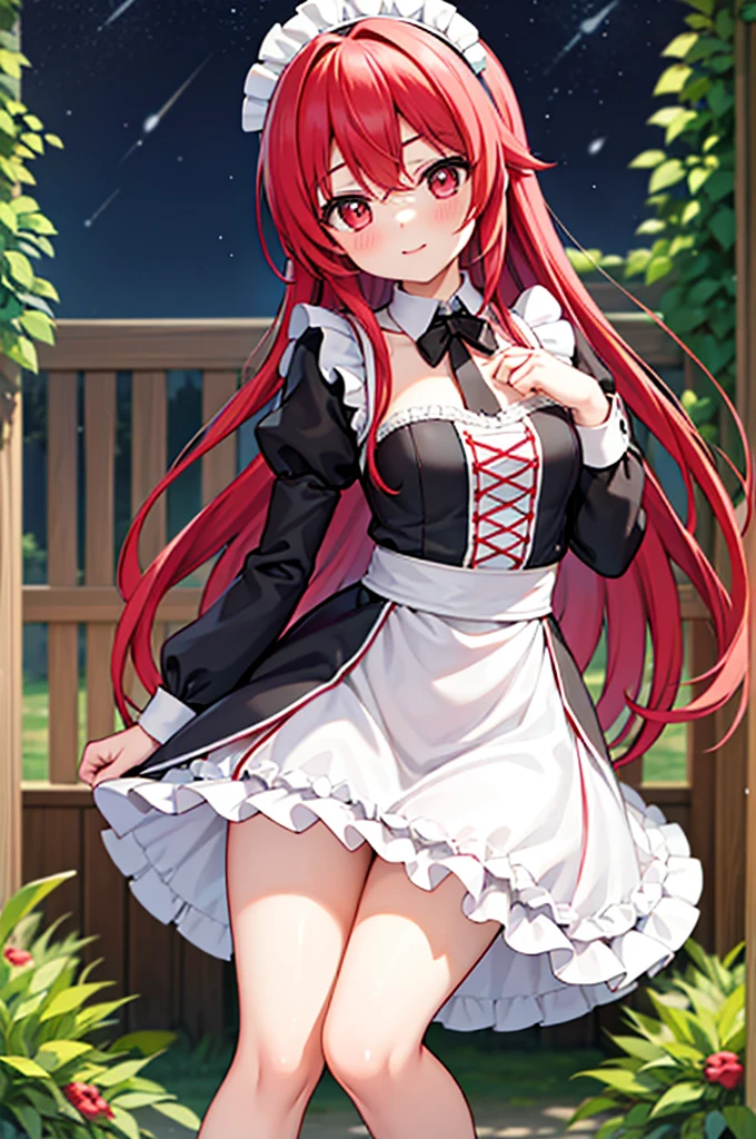 Highly detailed, high quality, masterpiece, beautiful, (all photographic shot), girl student girl, Rias Gremory character, red eyes, perfect eyes, beautiful eyes, light eyes, blushing face, red hair, happy face, big thighs, with headband, medium chest, long hair, sexy, maid dress, mini skirt, background image in a garden at night