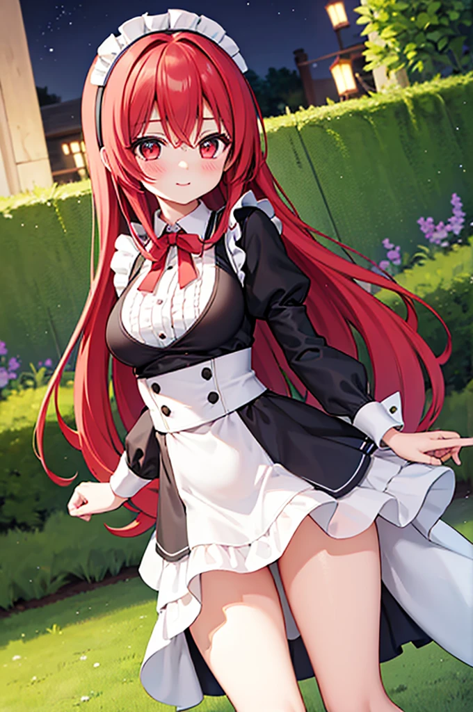 Highly detailed, high quality, masterpiece, beautiful, (all photographic shot), girl student girl, Rias Gremory character, red eyes, perfect eyes, beautiful eyes, light eyes, blushing face, red hair, happy face, big thighs, with headband, medium chest, long hair, sexy, maid dress, mini skirt, background image in a garden at night