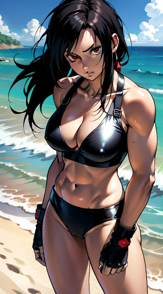 アニメ cel-shading Tifa Lockhart, red eyes, bikini, on the beach in ((anime + manga + comics + cartoon) style) 