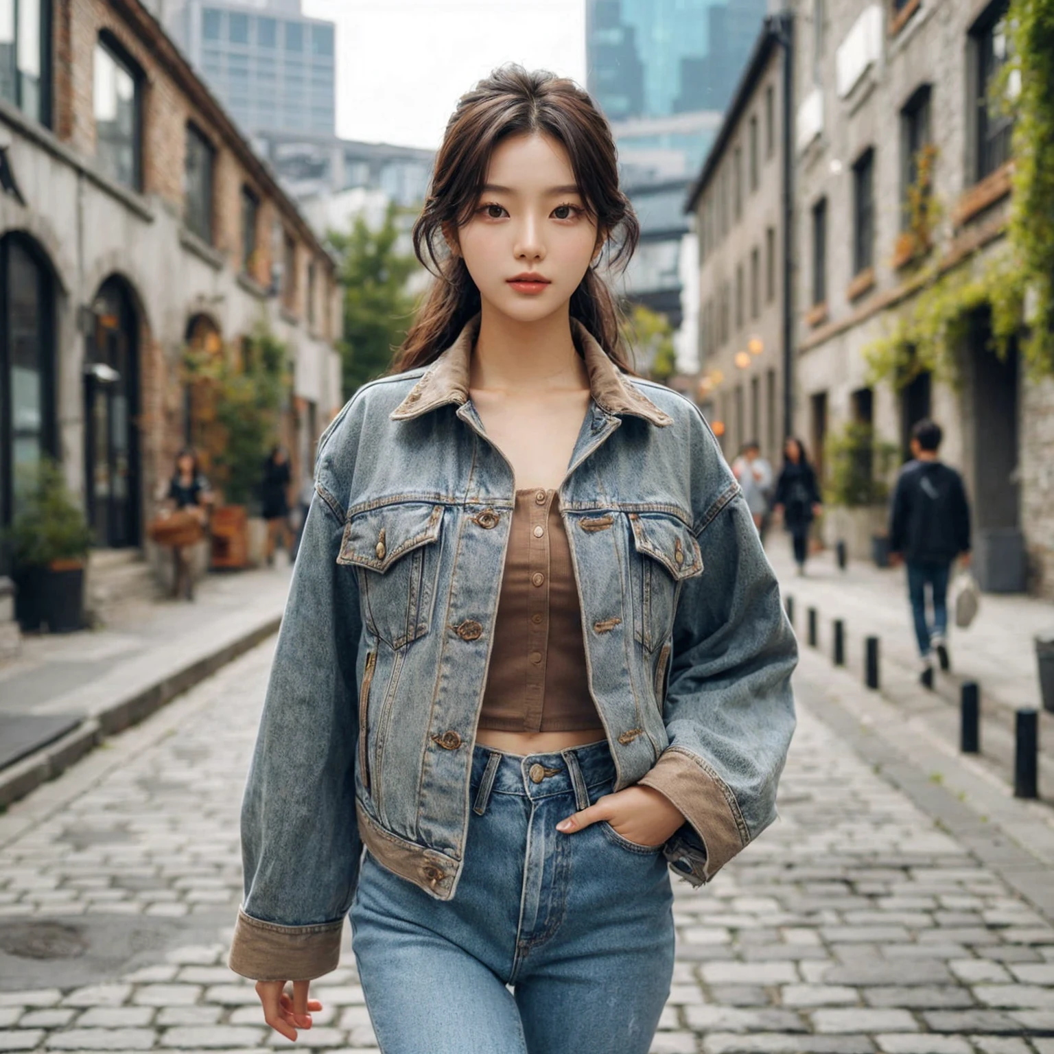 Beautiful young Korean female walking confidently down a cobblestone street in casual, stylish outfits with jackets, shirts, and jeans, medium chest. The backdrop is a vintage urban setting with buildings and greenery, blending modern style with a cool urban vibe.