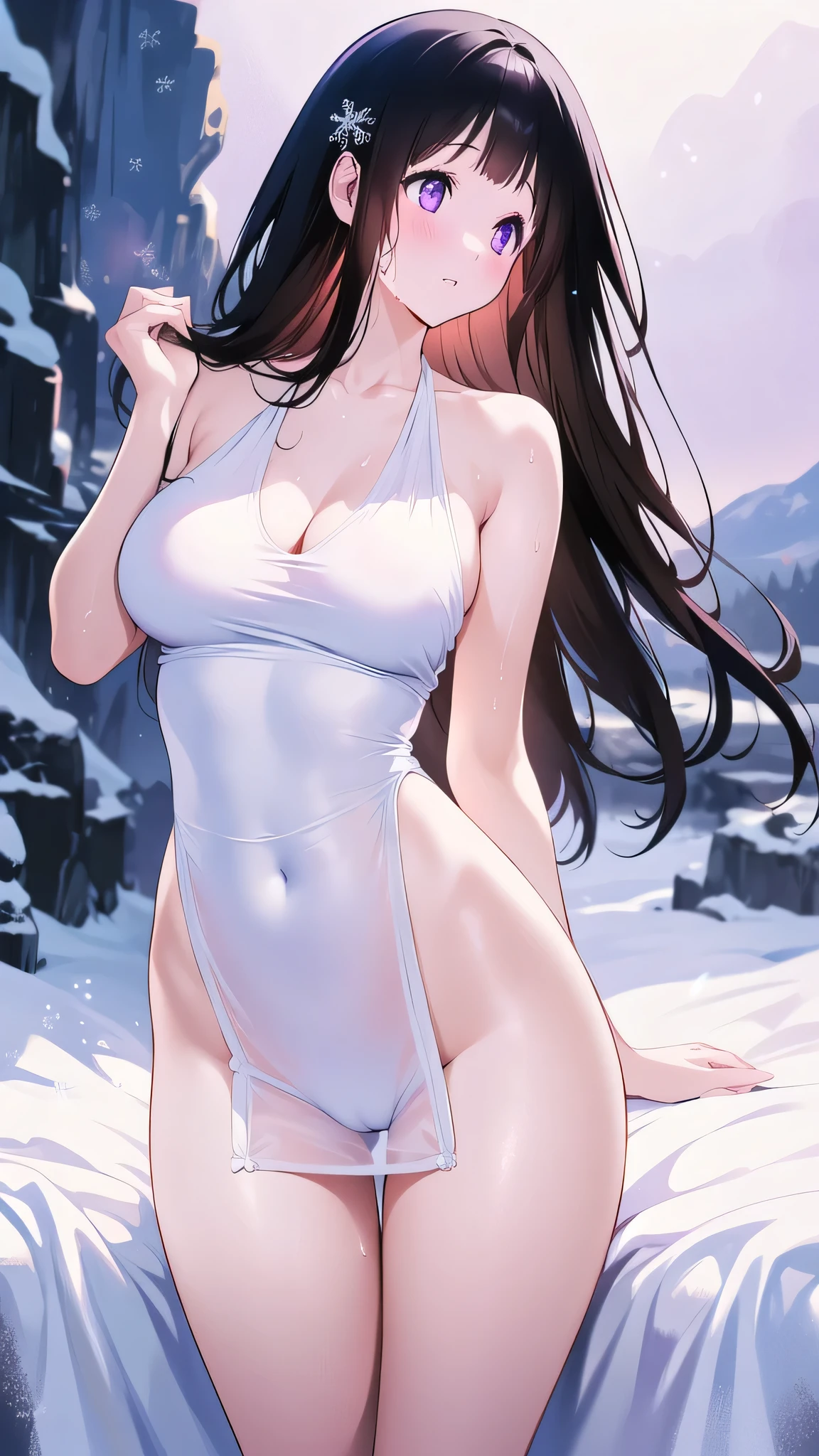 Chitanda,There is only one beautiful girl,Purple Eyes, Black Hair, Natural straight hair, Straight bangs,Extremely refined,open your lips,Face is so red,Very white skin,Skin as delicate as porcelain,Glowing skin,big eyes,Flowing long hair,beautiful girl, Like a dream,Slim,Slim waist,soft, (sensuous), (Kawaii), Dream quality,Sweaty and sweaty,Wet skin,Side breasts,snowflake,Playing in the snow on the snow mountain,White transparent dress,Profile,(Completely naked),Gluteal groove,The outline of the breasts is visible through clothing,Completely naked back,nacked hip,very close,Deep V neckline,Loose neckline,Beautiful big breasts,No pants,nopan,no pants,Bare shoulders,There are no shoulder straps,Exposed collarbone,Delicate clavicle,Delicate hands and feet,Bare neck,There are no clothes around the neck,Bare thighs,Exposed groin,Camel toe,extremely shy,Ultra-high resolution, (masterpiece:1.2, best quality), (Delicate and beautiful eyes: 1.2), (Beautiful and delicate face)