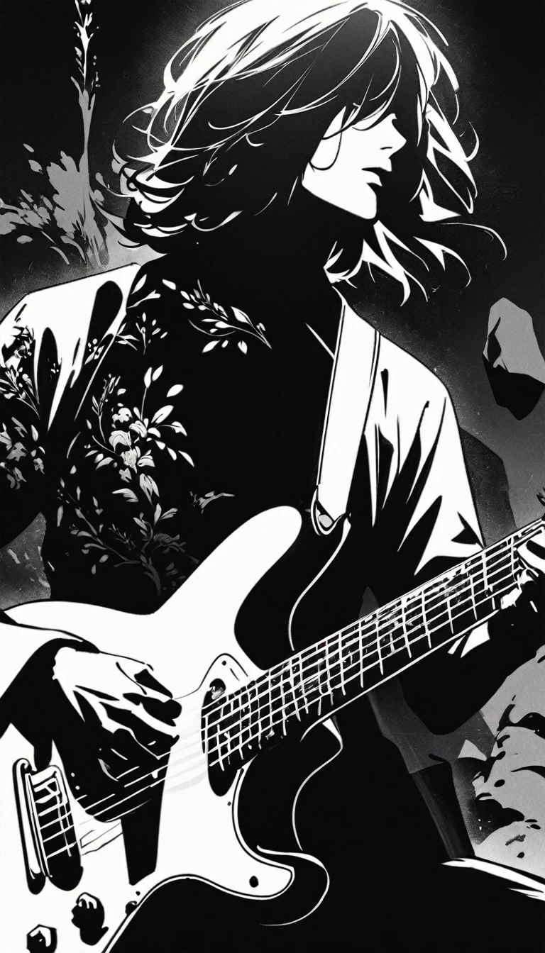 Monochrome image style combining silhouettes, Shadow and ink painting, Cool and beautiful rock guitarist, Portrait of a man playing guitar, Highest quality, Super quality, Very detailed, delicate and dynamic