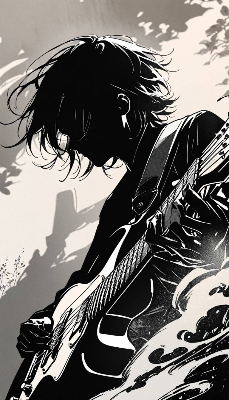 Monochrome image style combining silhouettes, Shadow and ink painting, Cool and beautiful rock guitarist, Portrait of a man playing guitar, Highest quality, Super quality, Very detailed, delicate and dynamic