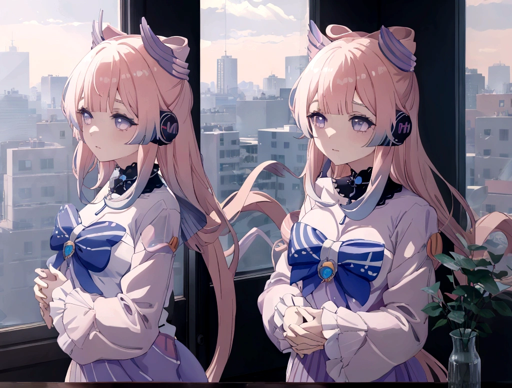 Anime girl wearing headphones and looking out the window at the city, Large room with big windows, light pink long hair, Lo-fi Girl, Kaisei and Artgelm, Anime atmosphere, Lofi Artstyle, Anime Style 4k, Anime Aesthetics, Lo-fi feeling, Lofi Art, anime art wallpaper 4k, An atmosphere of praise, Emotional cityscape