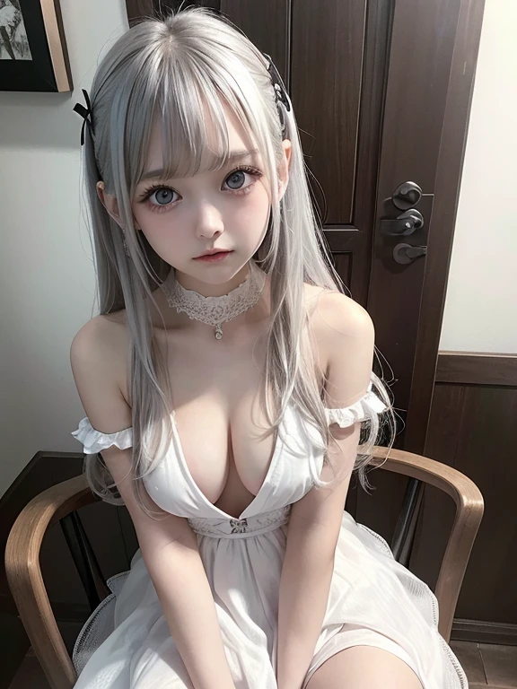 Completely naked,Sexy and firm super small breasts、Showing breasts and nipples、gothic punk girl,Sexy cute looks and cute 15 year old beautiful girl, White long straight hair、Beautiful and sexy face、Sitting on a chair with legs wide open、Beautiful, cute and sexy eyes hidden by long bangs,Light blue eyes、Showing breasts and nipples