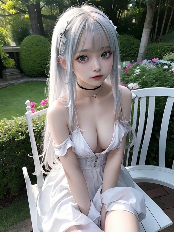 Completely naked,Sexy and firm super small breasts、Showing breasts and nipples、gothic punk girl,Sexy cute looks and cute 15 year old beautiful girl, White long straight hair、Beautiful and sexy face、Sitting on a chair with legs wide open、Beautiful, cute and sexy eyes hidden by long bangs,Light blue eyes、Showing breasts and nipples